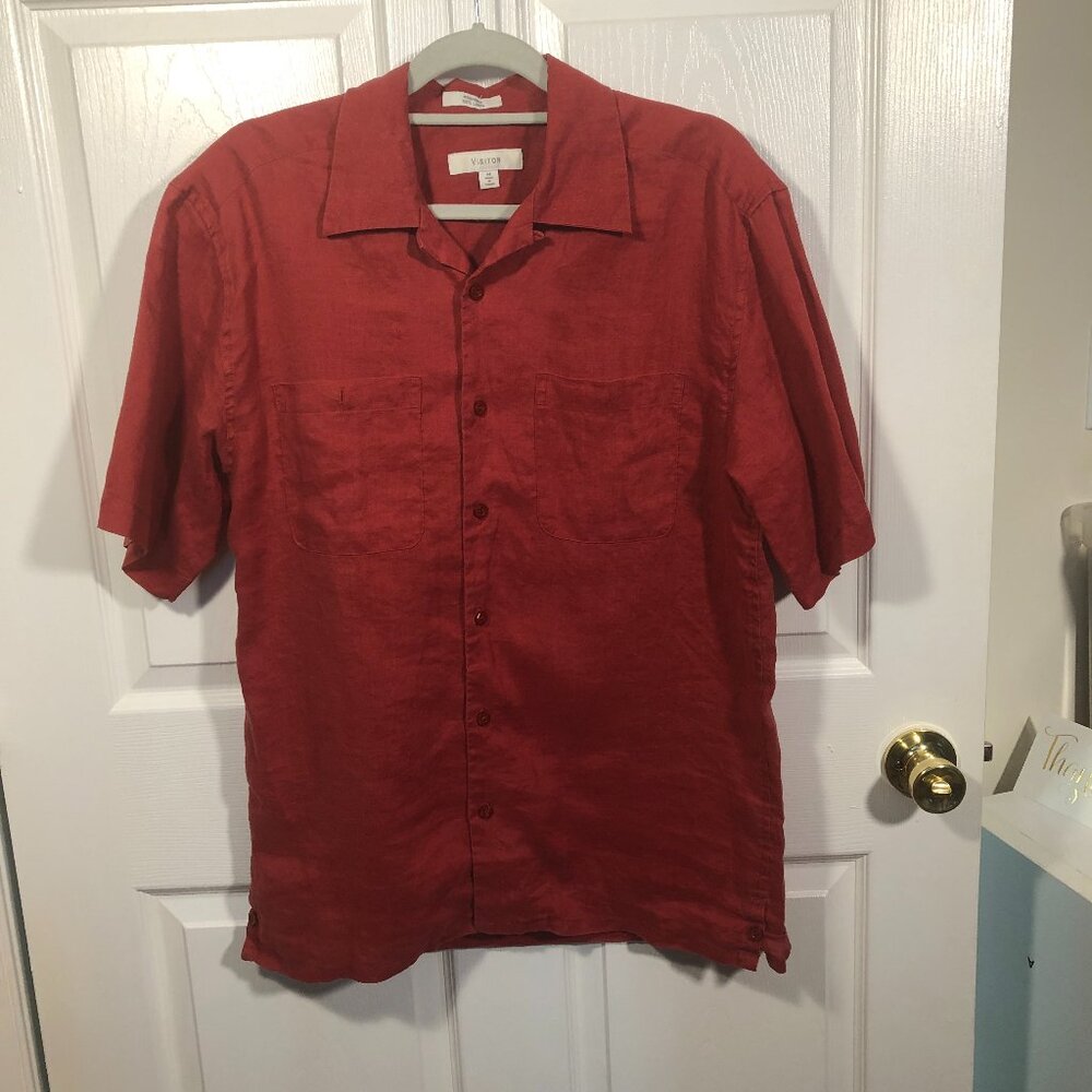 Visitor men solid red merlot short sleeve 100% linen shirt, size M